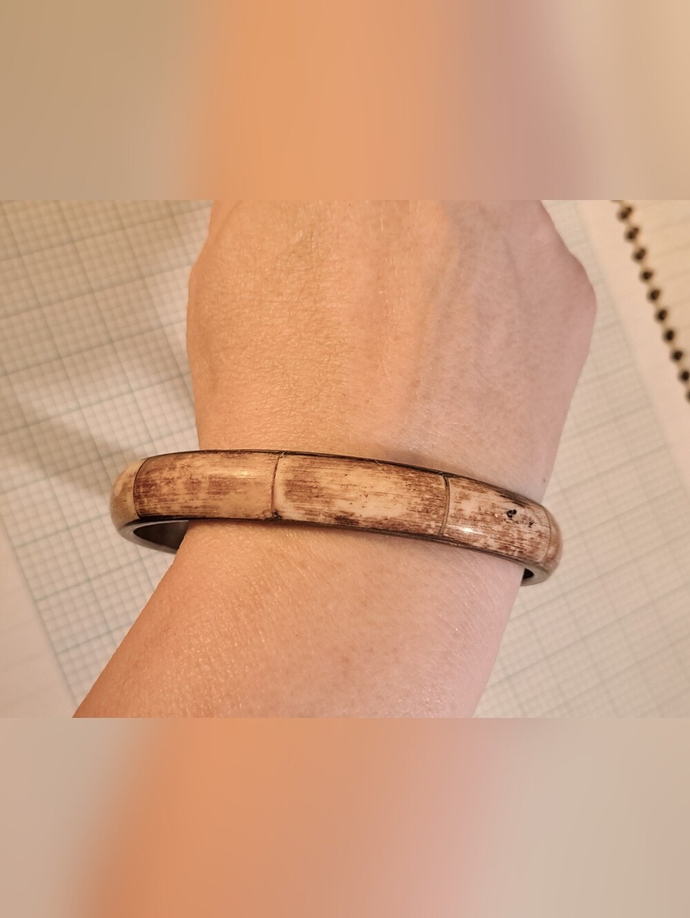 Vintage Natural Bone Or Shell Inlaid Bamboo-Tone Wide Wrist Bangle Bracelet